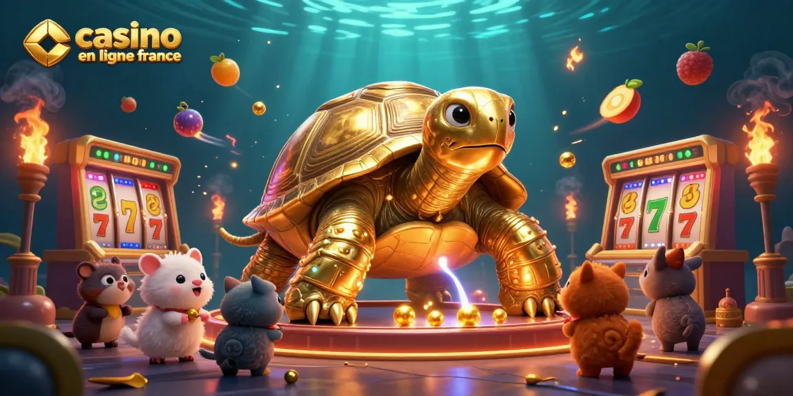 Plongez dans le monde des jeux avec cette illustration dynamique de "casino en ligne France", où une immense tortue dorée avec un flipper transforme l'univers du jeu en un spectacle coloré et excitant