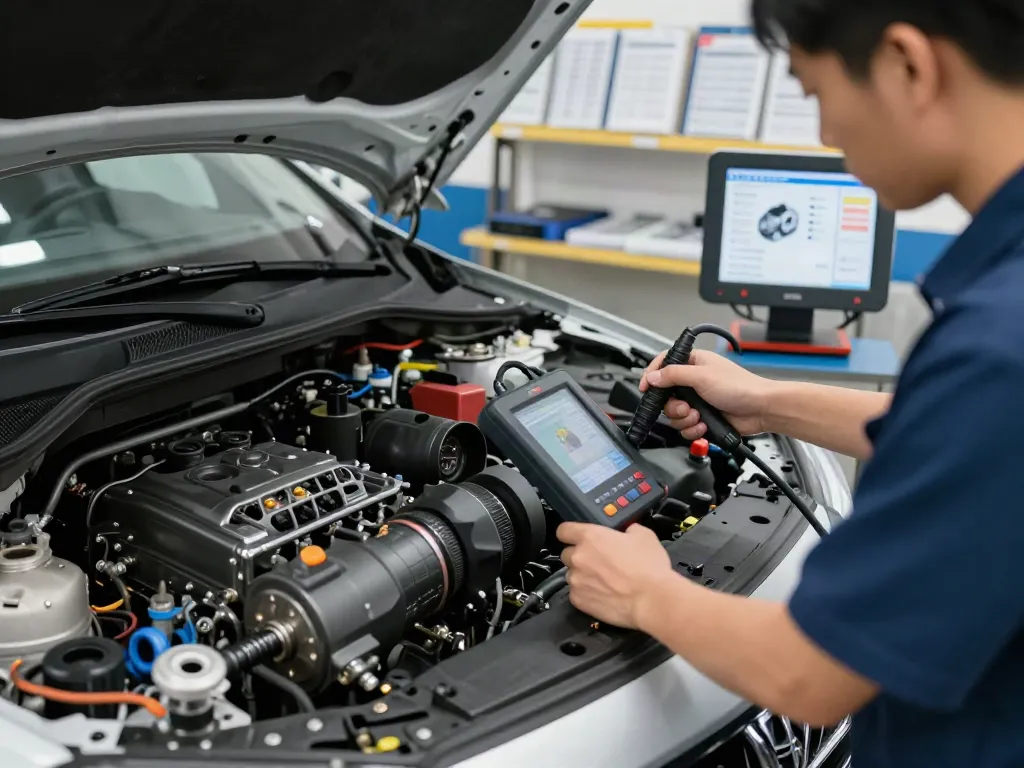 Mechaniker diagnostiziert DPF-Regeneration in einer modernen Werkstatt.
