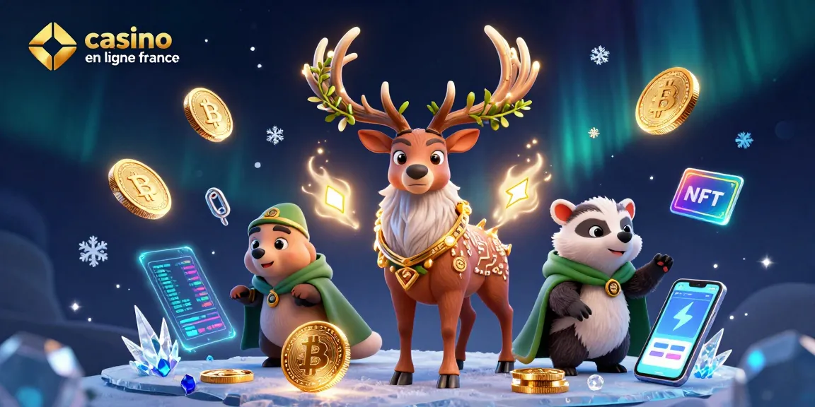 Jouez au casino en ligne en France avec des personnages animés entourés de symboles de cryptomonnaies.
