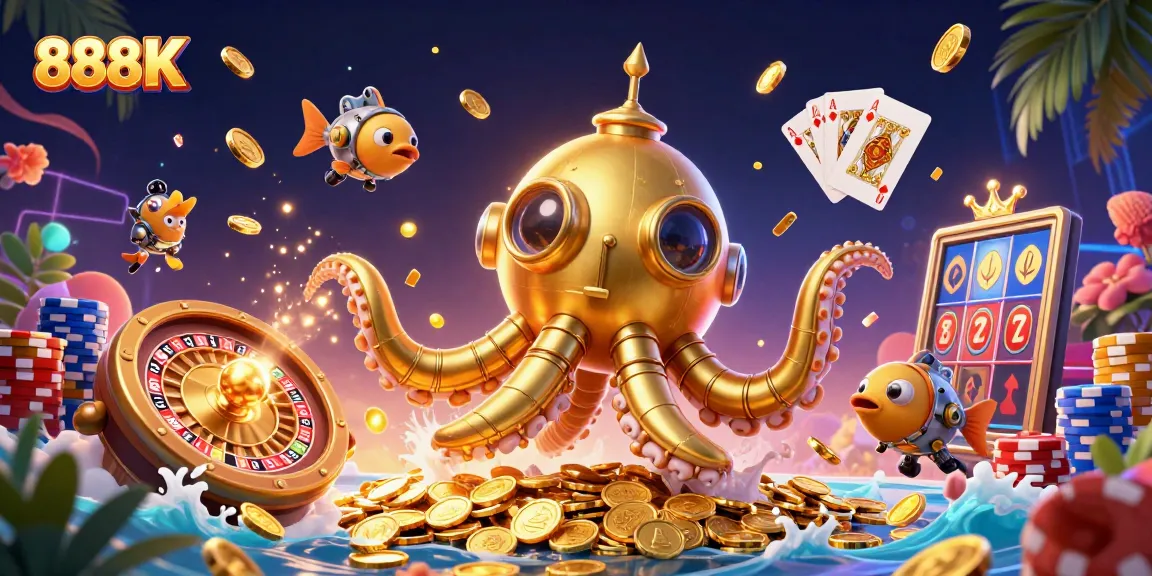 Experience thrilling gameplay with 888K in a vibrant, dynamic casino scene filled with treasures.