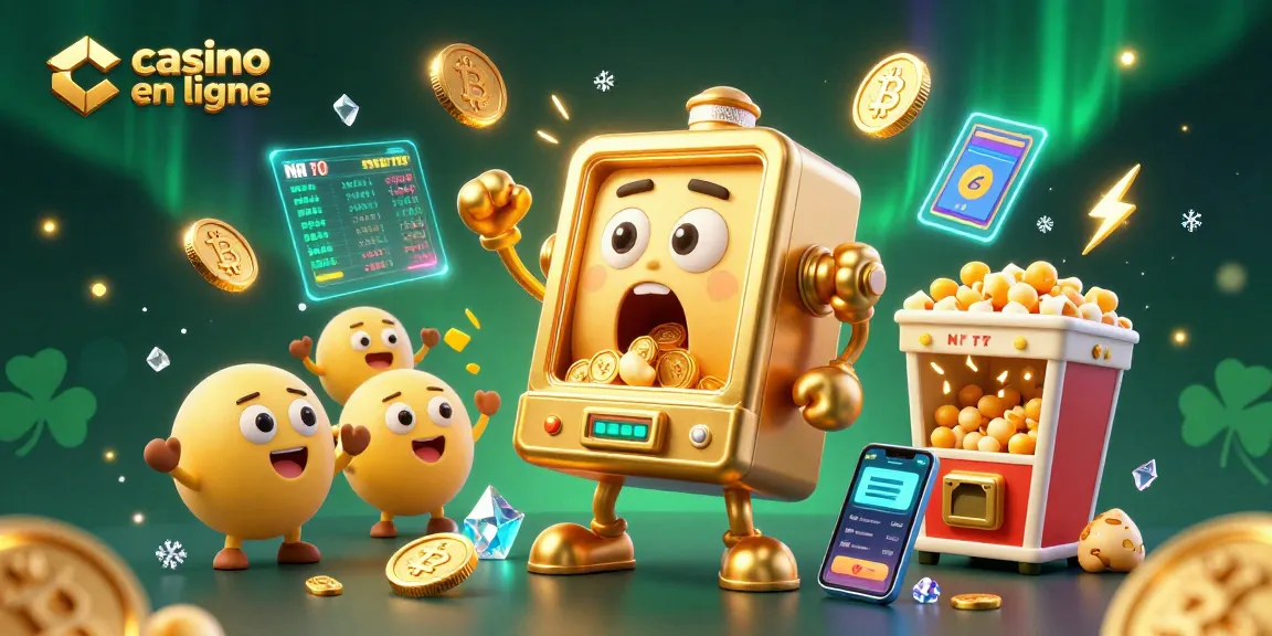 Un jeu de casino en ligne où une machine à sous dorée gagne un jackpot, entourée de pièces de Bitcoin et Ethereum.
