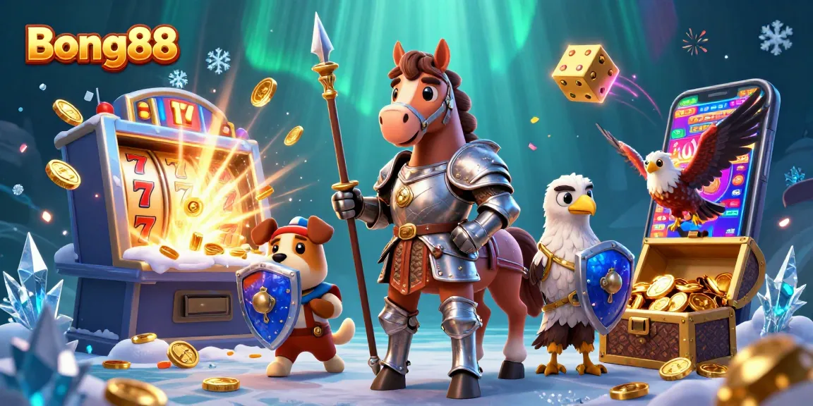 Bong88 showcases an engaging scene with a knight, squire, and falcon amidst a vibrant slot gaming atmosphere.