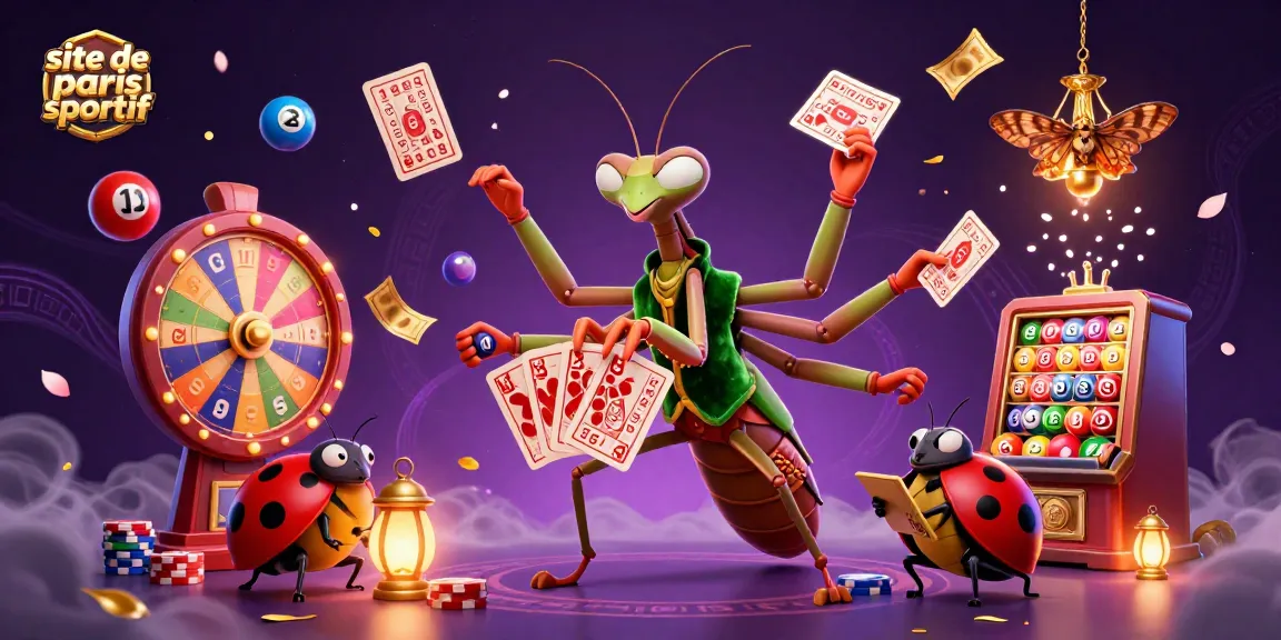 Plongez dans l'univers du site de paris sportif avec des personnages de casino animés et des éléments de loterie colorés.