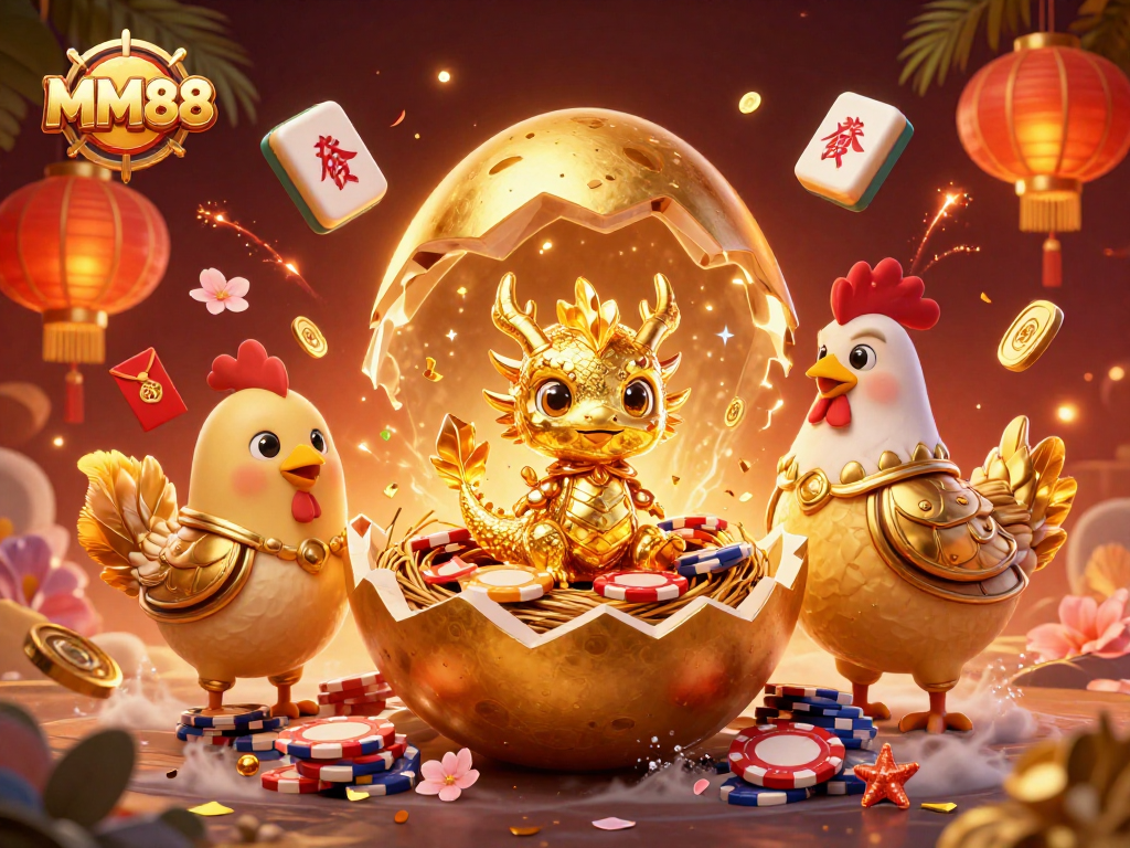 Experience thrilling casino excitement at MM88 with a golden dragon and poker chips surrounded by festive elements.