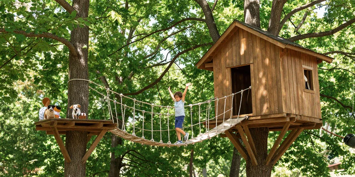 Child crossing a rope bridge between treehouses, surrounded by nature.