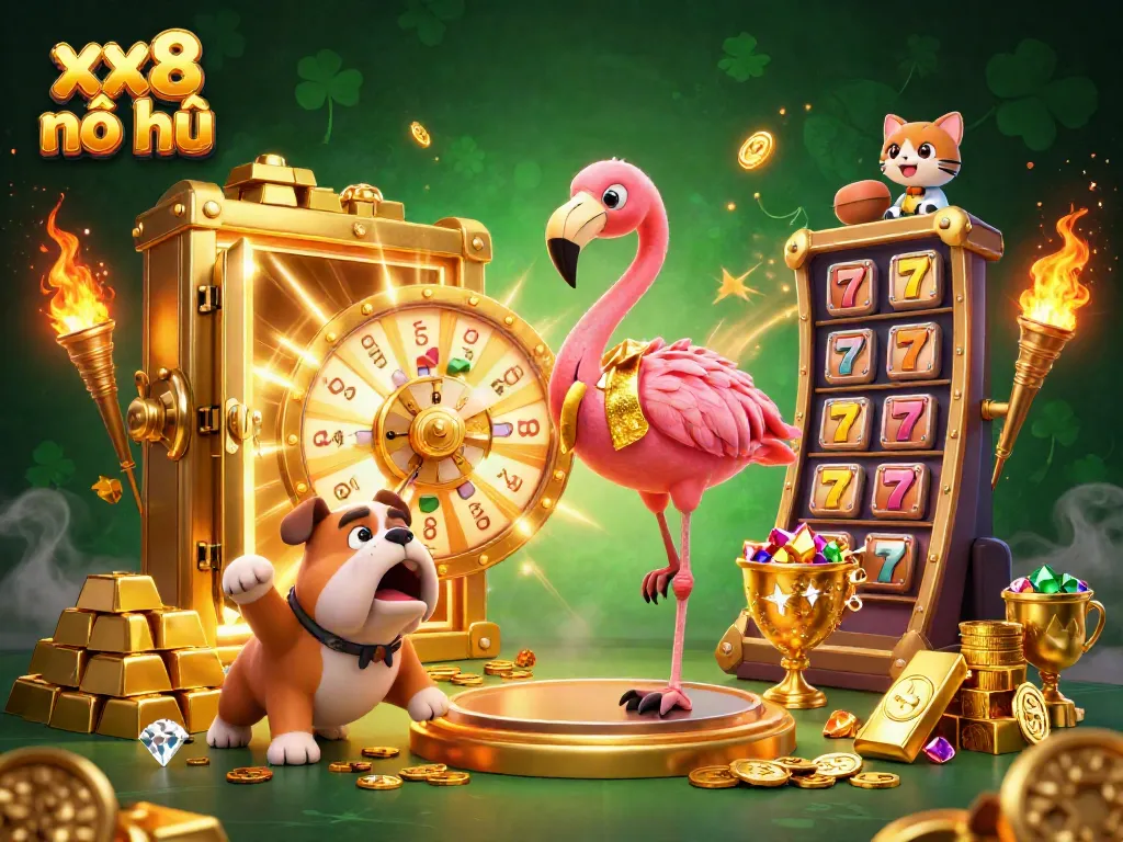 Spin the giant prize wheel with xx8 nổ hũ for a chance to win spectacular casino treasures in a lively game show scene.