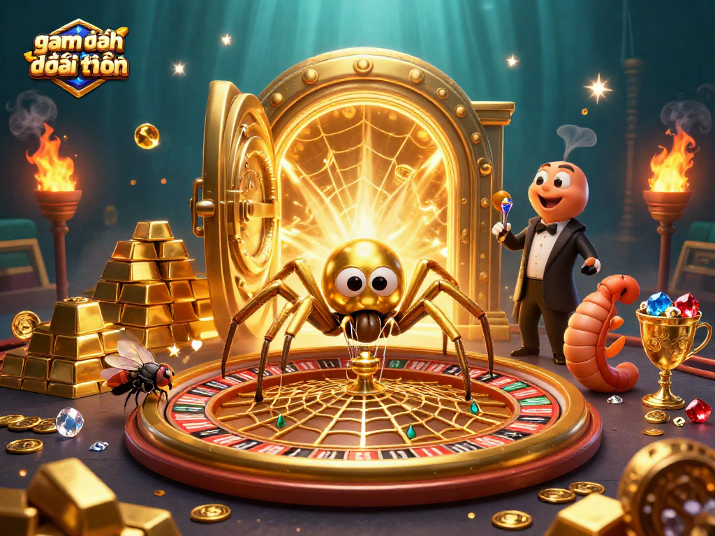 Experience game đánh bài đổi thưởng with a thrilling 3D scene featuring a golden spider and gems.