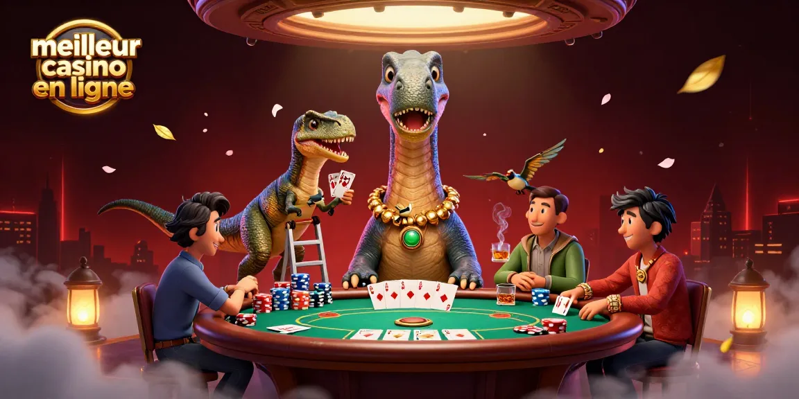 Le meilleur casino en ligne : un brontosaurus dans un casino vibrant et coloré avec des cartes et des jetons de poker.