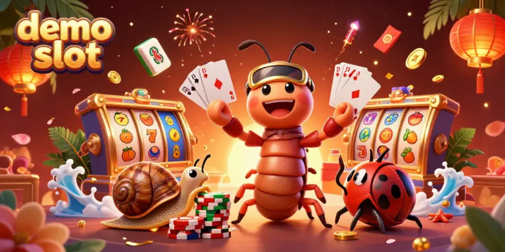 Permainan demo slot menampilkan dealer milipede 3D berwarna-warni dengan kartu, koin keberuntungan, dan suasana ceria.