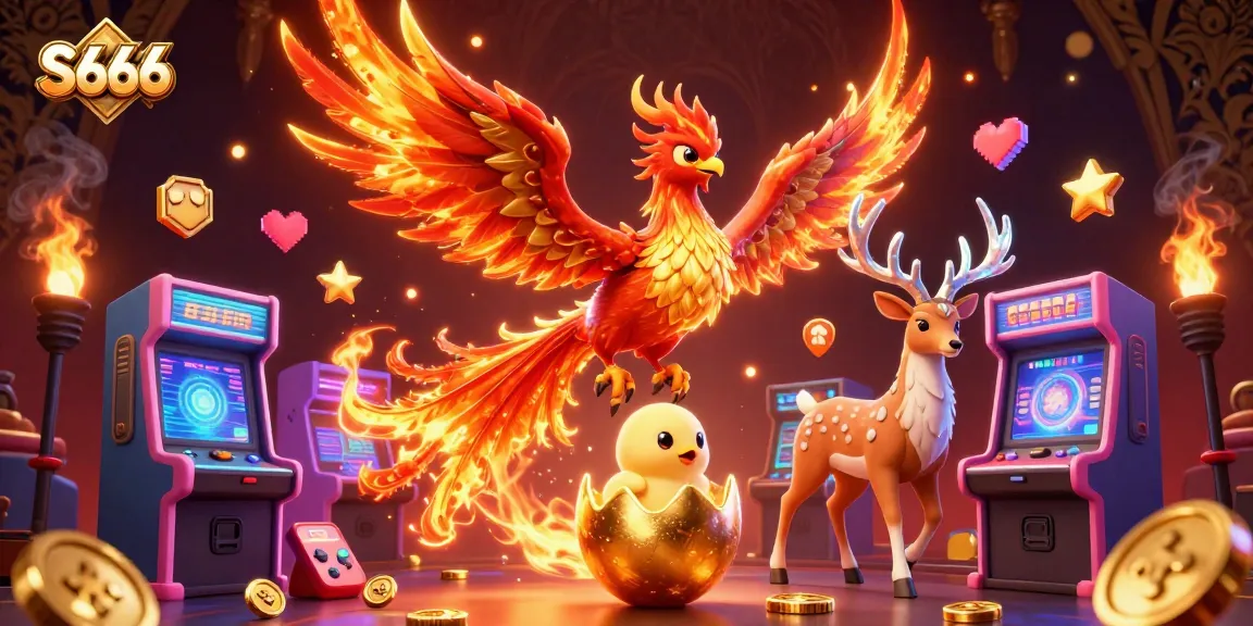 S666 showcases an exciting casino scene with a phoenix and gaming elements, inviting players to indulge.
