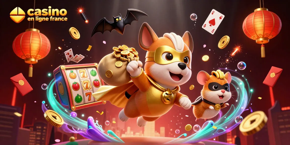 Illustration dynamique présentant un chien super-héros de casino en ligne France portant une cape dorée, volant avec des pièces d'or.