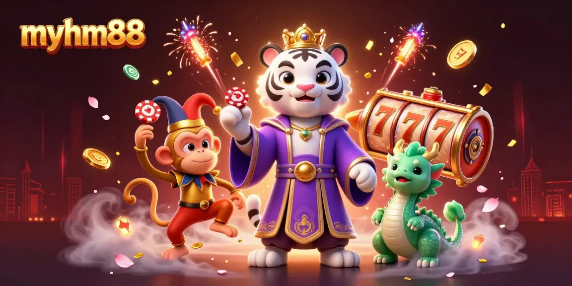 Engage with the vibrant excitement of myhm88, a dynamic online casino experience filled with spinning slot reels and lively characters.