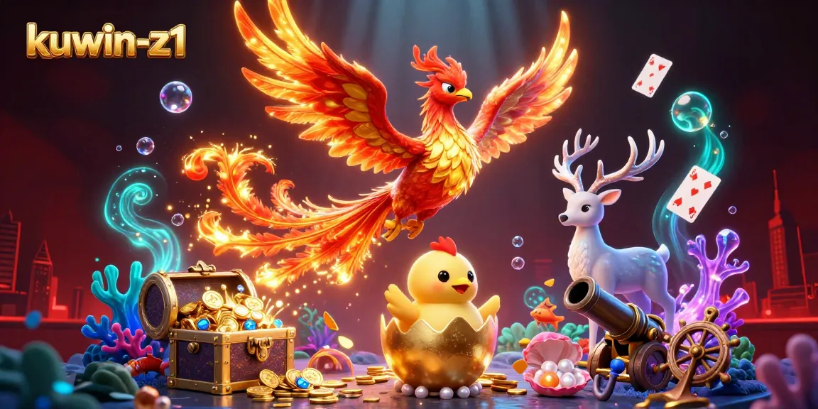 Experience the thrill of kuwin-z1 with 3D phoenix artwork featuring vibrant casino elements.