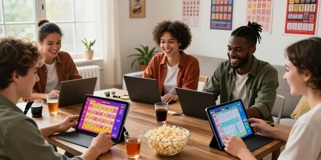 Engaging group enjoying Situs togel online with devices in a lively setting.