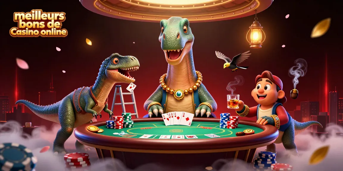 Cette illustration présente les meilleurs bonus de casino en ligne avec un brontosaurus géant dans un casino et un raptor distribuant des cartes.