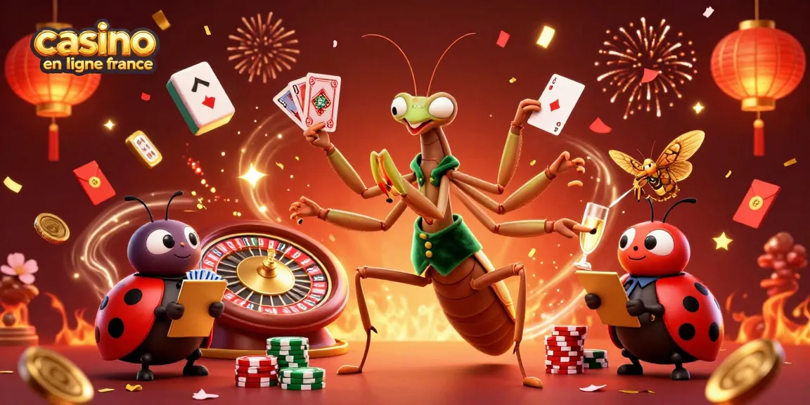 Casino en ligne France : illustration captivante d'un Mantis géant et d'une coccinelle en plein jeu.