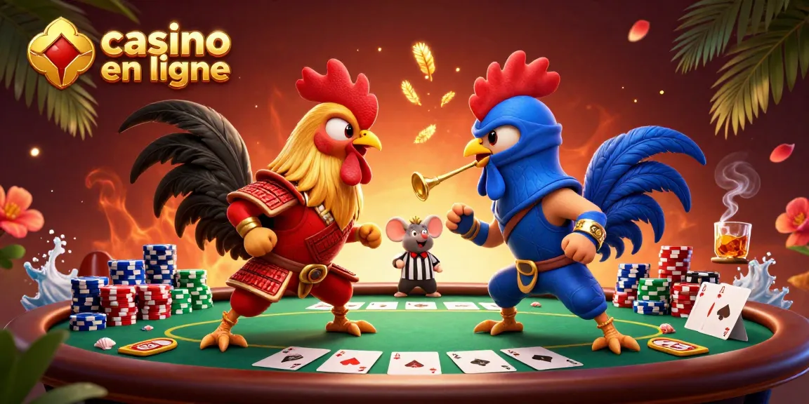 Affrontez les poules combattantes dans un casino en ligne animé avec des éléments de poker.