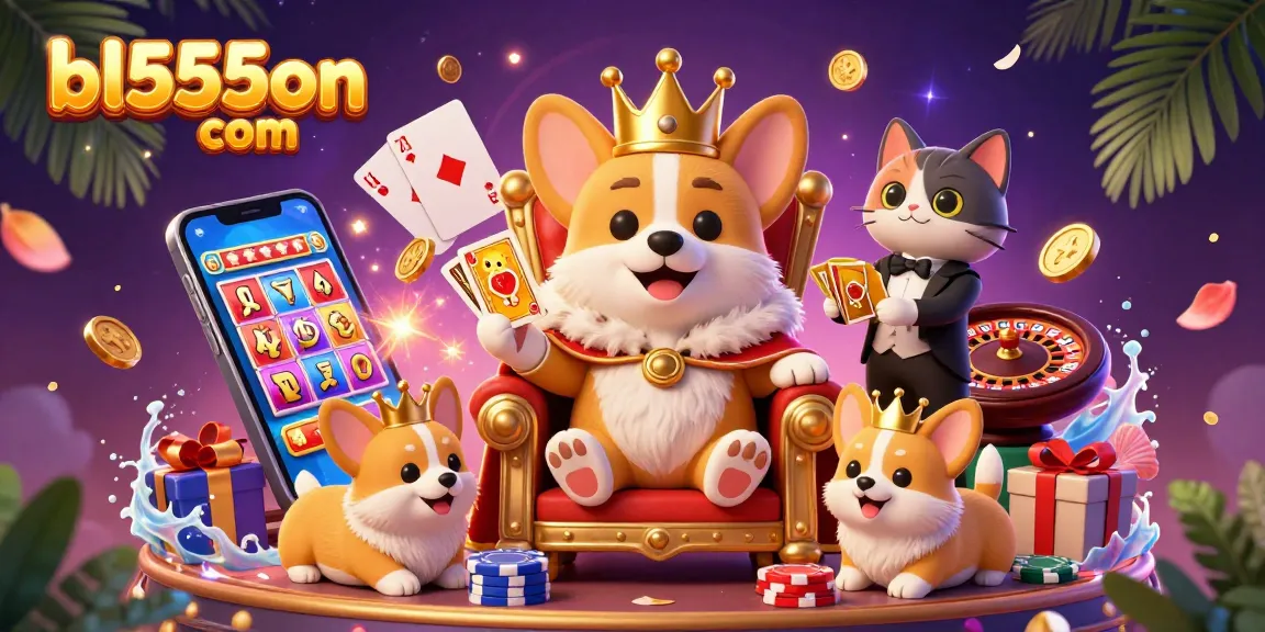 Engage with the thrilling atmosphere of bl555on com featuring a regal corgi on a poker chip throne amidst explosive casino elements.