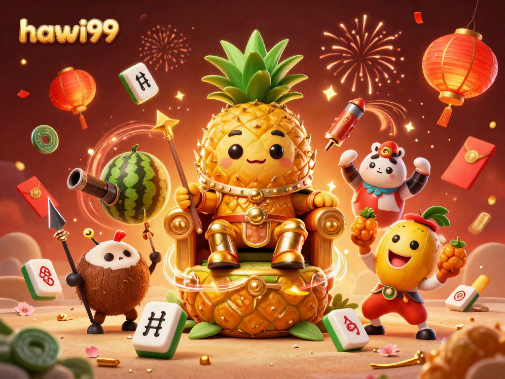 Experience the vibrant world of hawai99 with a golden pineapple king and festive casino elements.