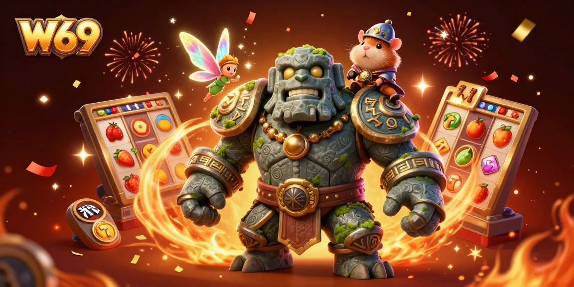 Spin and win at W69 casino with a lively scene featuring a stone golem, fairy, and hamster knight.