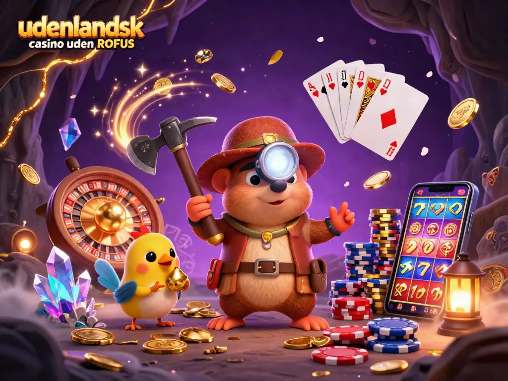 Play exciting games at udenlandsk casino uden ROFUS, illustrated with vibrant characters and casino elements.