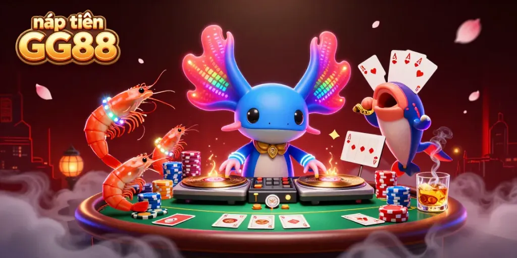 Engage in the vibrant gaming experience of nạp tiền GG88 with a neon axolotl DJ and crew of lively sea creatures.