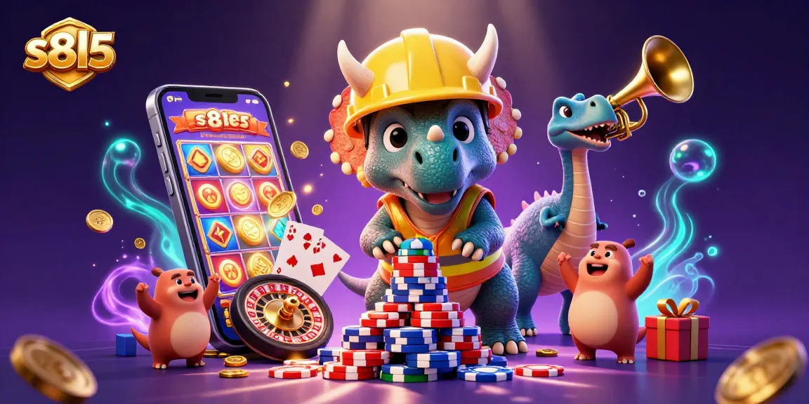 s8l5 celebrates with a triceratops building poker chips and a parasaurolophus tooting a golden trumpet