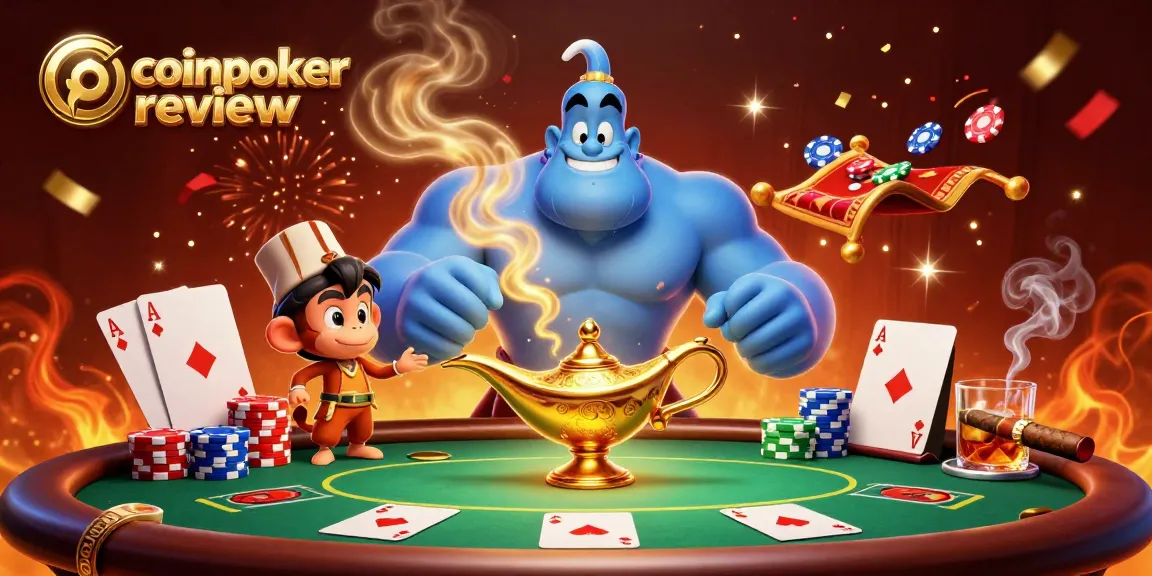 Découvrez le coinpoker review avec un génie et un singe, entourés de jetons et d'une table de poker.