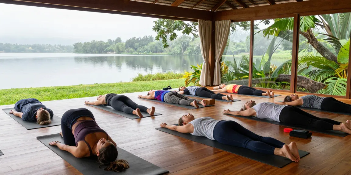 Yoga synergy intensive training with Simon Borg-Olivier by the lakeside, showcasing diverse yoga practitioners in a serene setting.