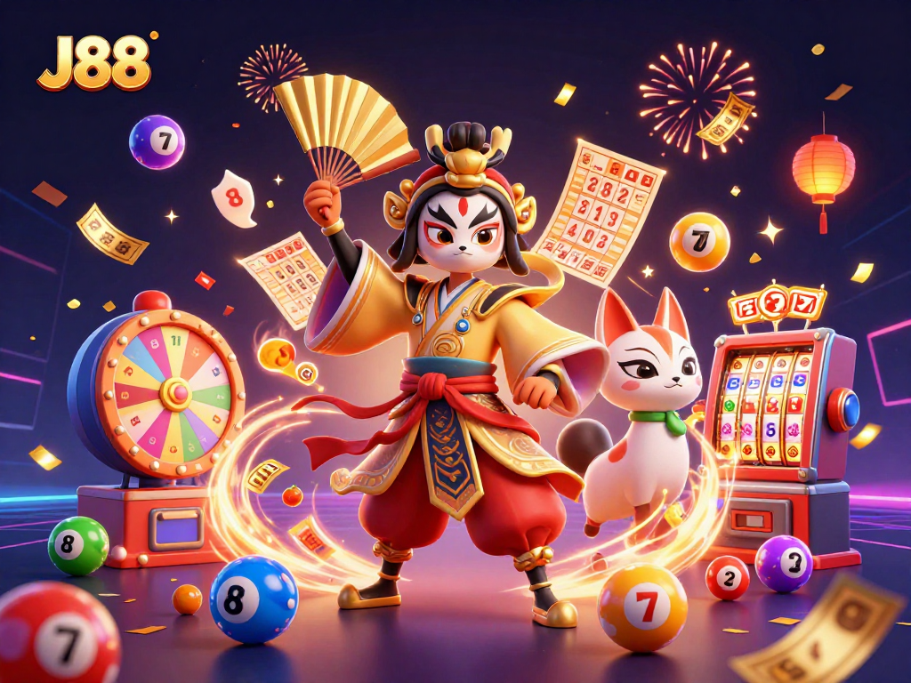 Experience exciting gameplay at J88 with colorful lottery elements and festive casino characters.