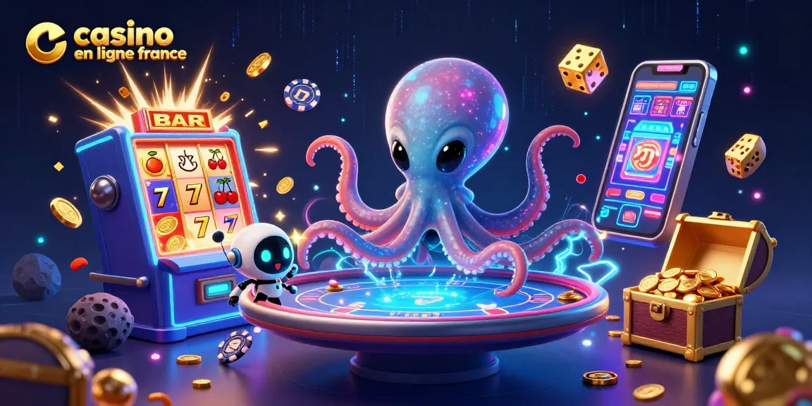Jouez au casino en ligne France avec une scène de jeu dynamique illustrée par un poulpe extraterrestre.
