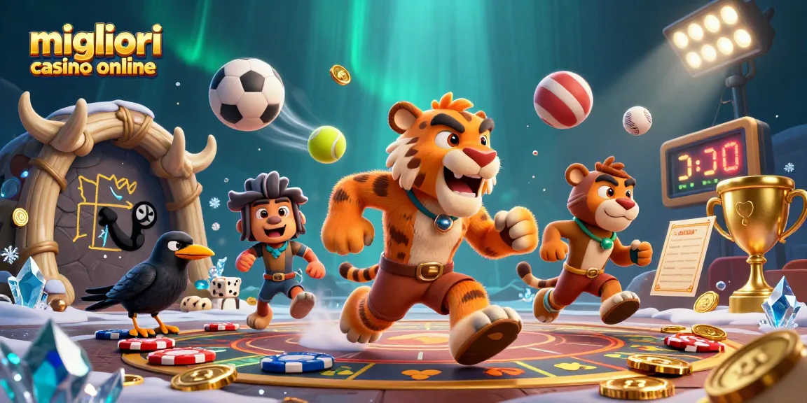 Scopri i migliori casino online, un'illustrazione 3D vivace con personaggi e elementi del gioco.