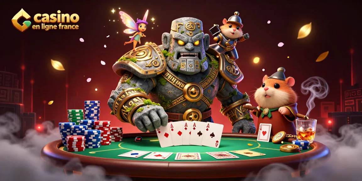 Casino en ligne France : un golem en pierre gardien, aux côtés d'une fée et d'un hamster chevalier, jouant aux cartes