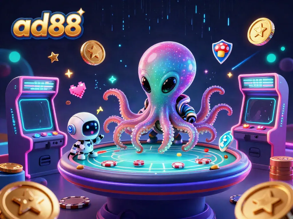 Exciting gameplay at ad88 with a quirky alien octopus, poker action, and colorful casino elements.