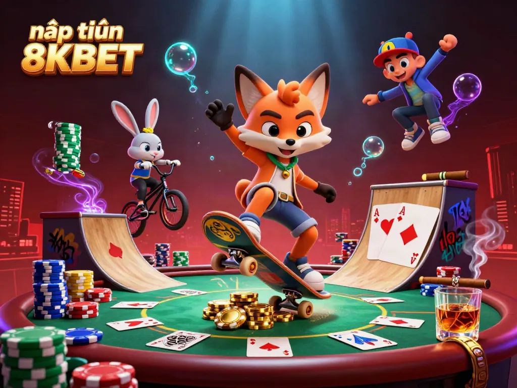 Engage in exciting casino gaming and nạp tiền 8KBET while enjoying vibrant characters and dynamic action in this illustration.