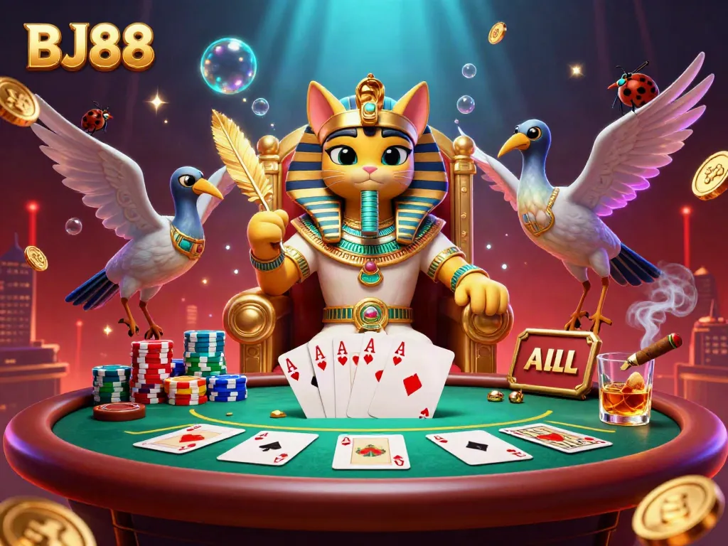 BJ88's vibrant live casino scene integrates a pharaoh cat and dynamic poker elements.