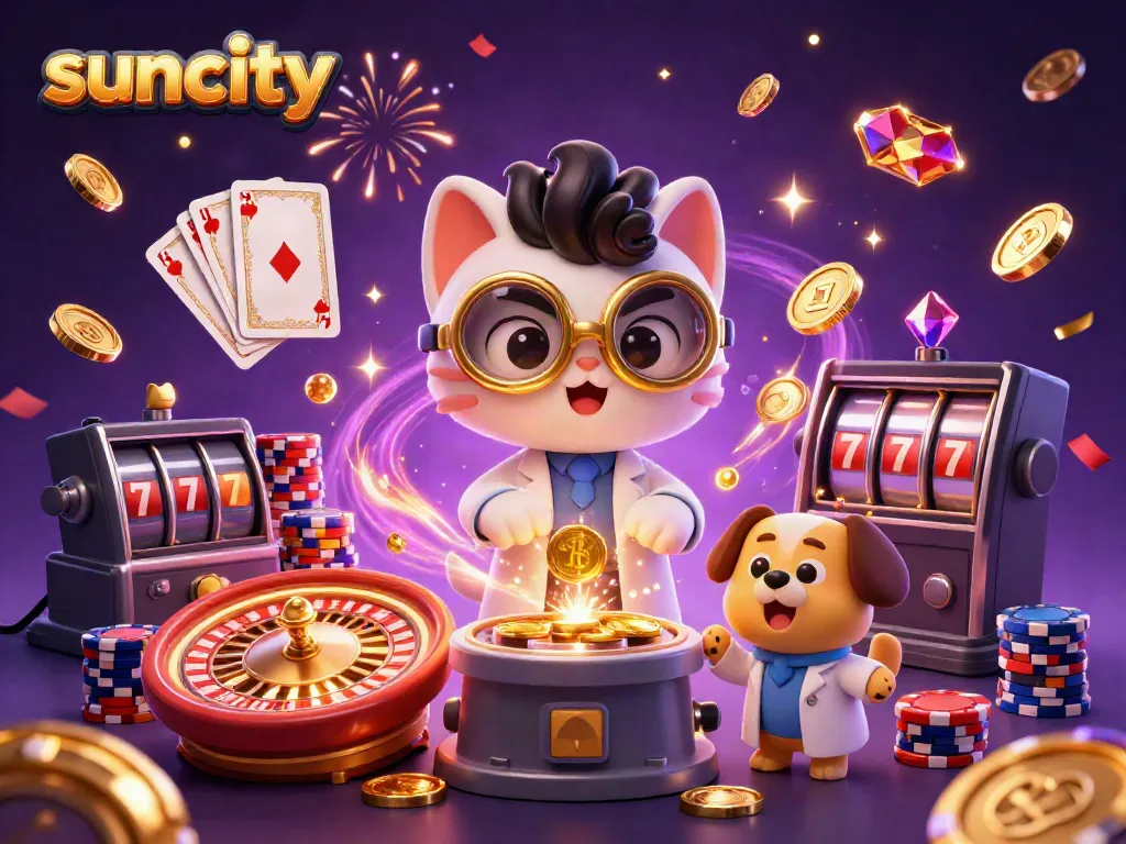 Experience the excitement at Suncity with vibrant casino elements and animated characters!