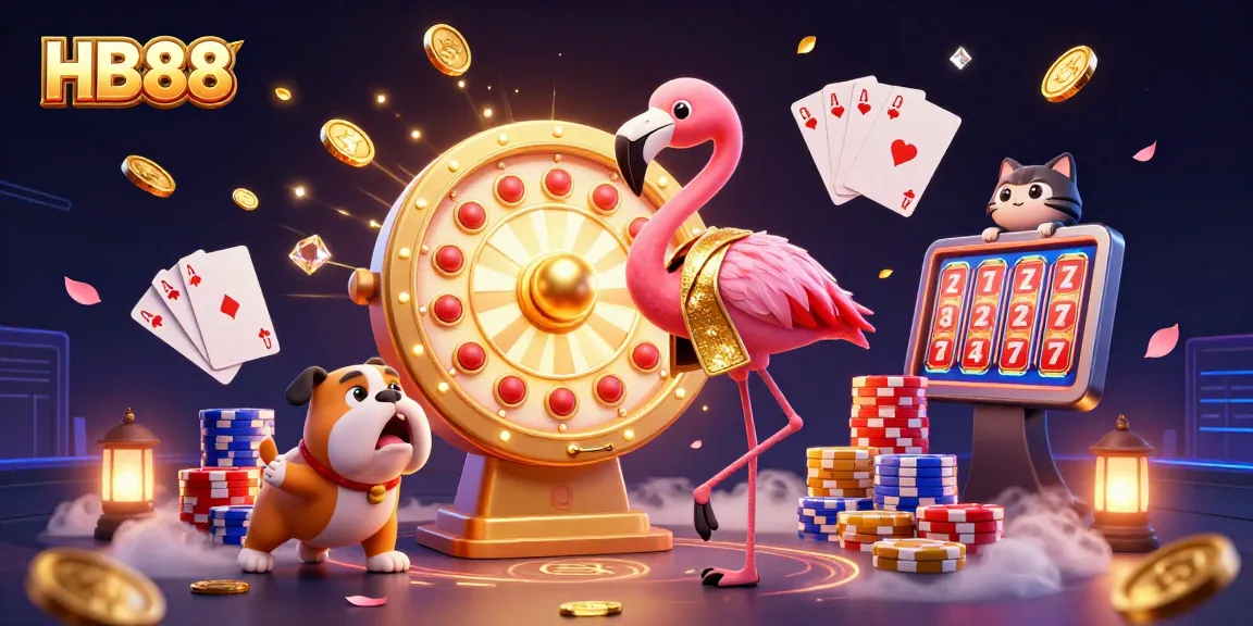 Win big with HB88 in this vibrant 3D casino scene featuring glittering prizes and game elements.