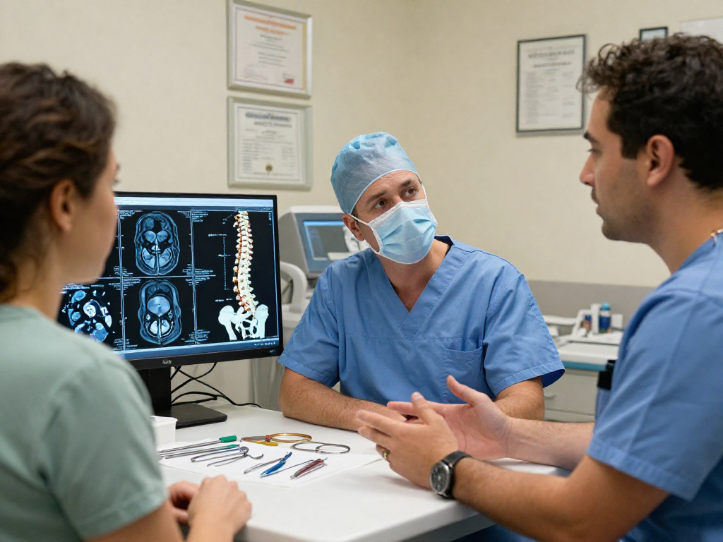 Patient consultation about dar kanal ameliyatı in a professional medical setting with detailed diagrams and tools.