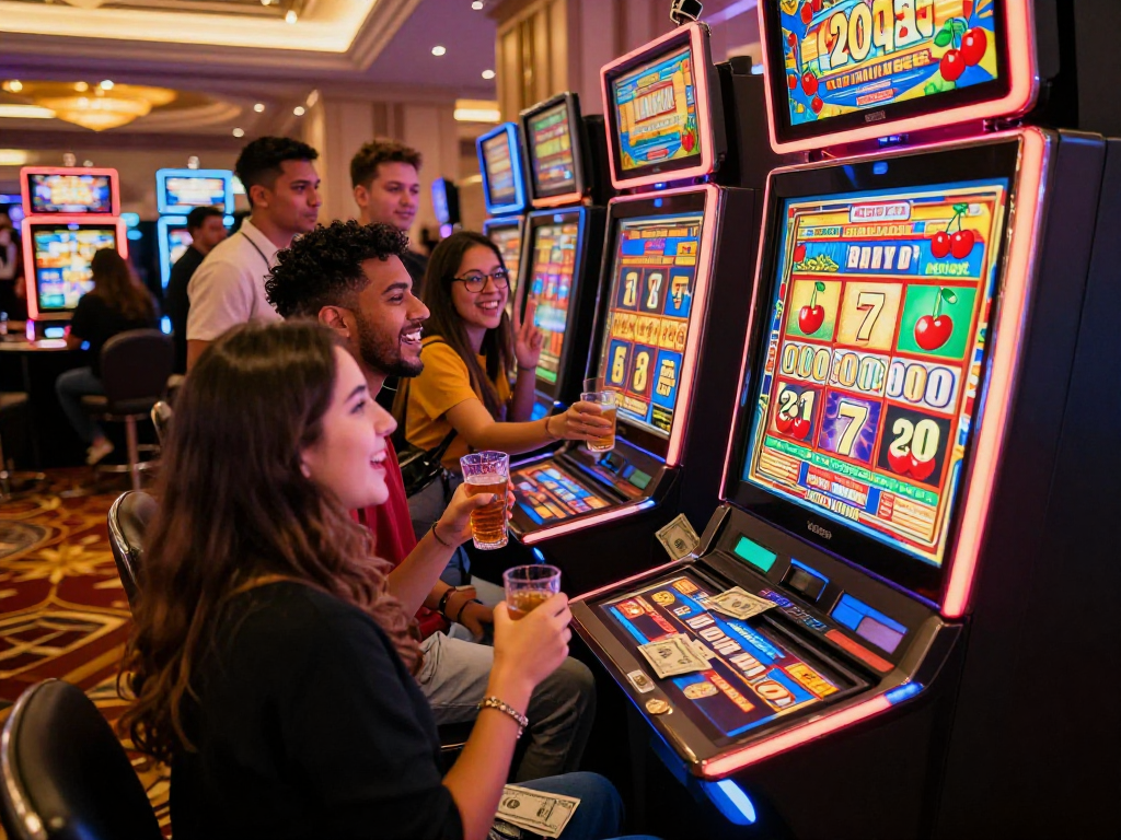 Celebrating friends winning a slot jackpot on a vibrant casino floor