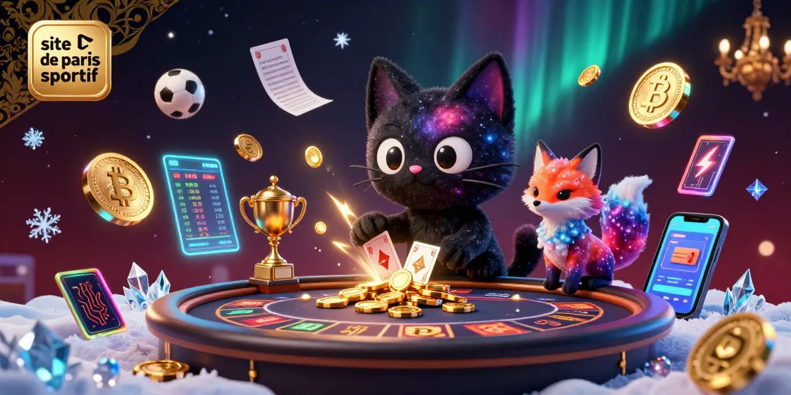 Illustration dynamique de "site de paris sportif" avec des éléments de paris sportifs, un chat noir cosmique et des pièces crypto flottantes.