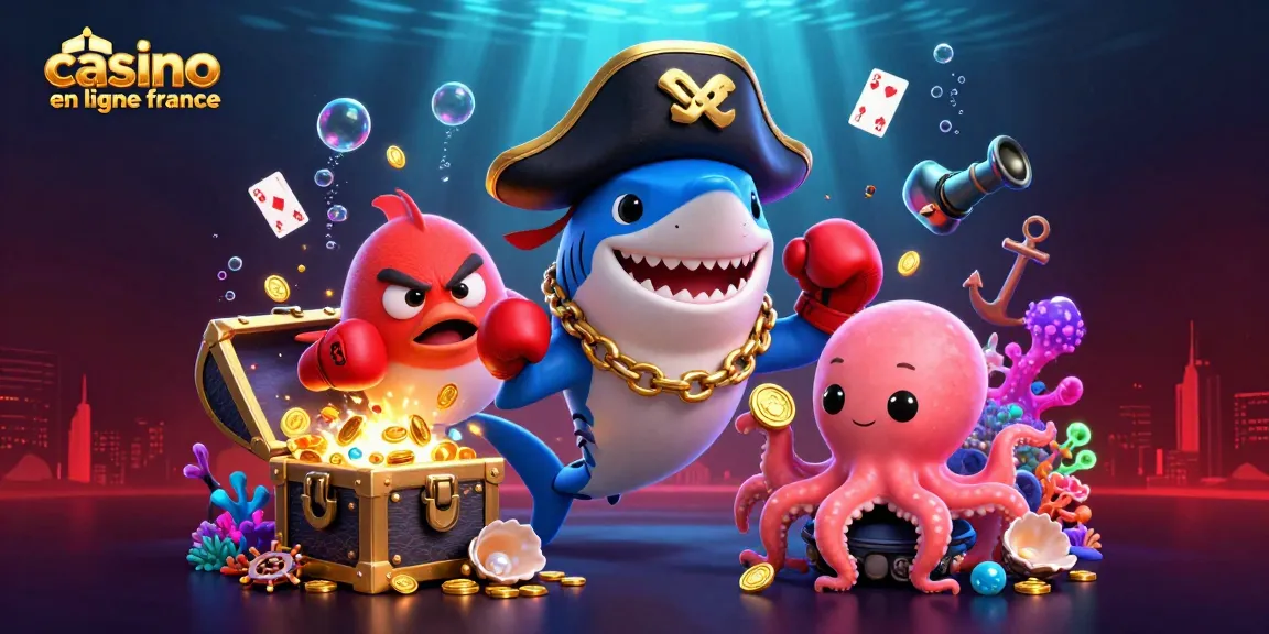 Illustration dynamique avec un requin pirate souriant, un poisson-globe en colère et un bébé pieuvre, mettant en avant le casino en ligne en France.