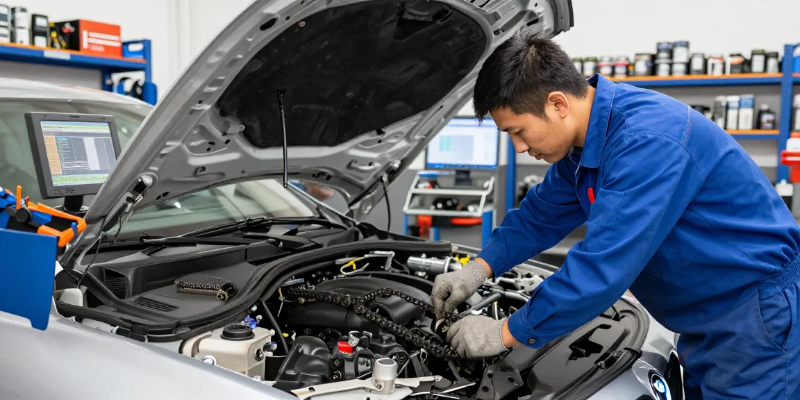 BMW steuerkette wechseln in einer professionellen Werkstatt mit einem Mechaniker.