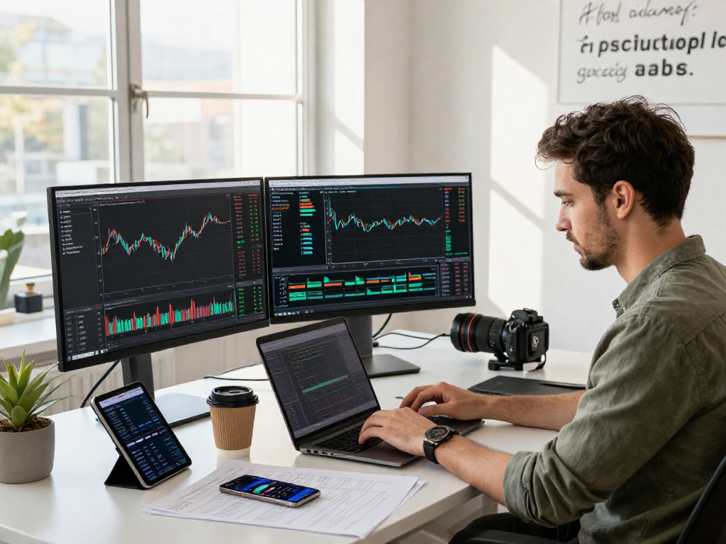 Developer analyzing forex backtesting data in a modern office setup with dual monitors and trading apps.