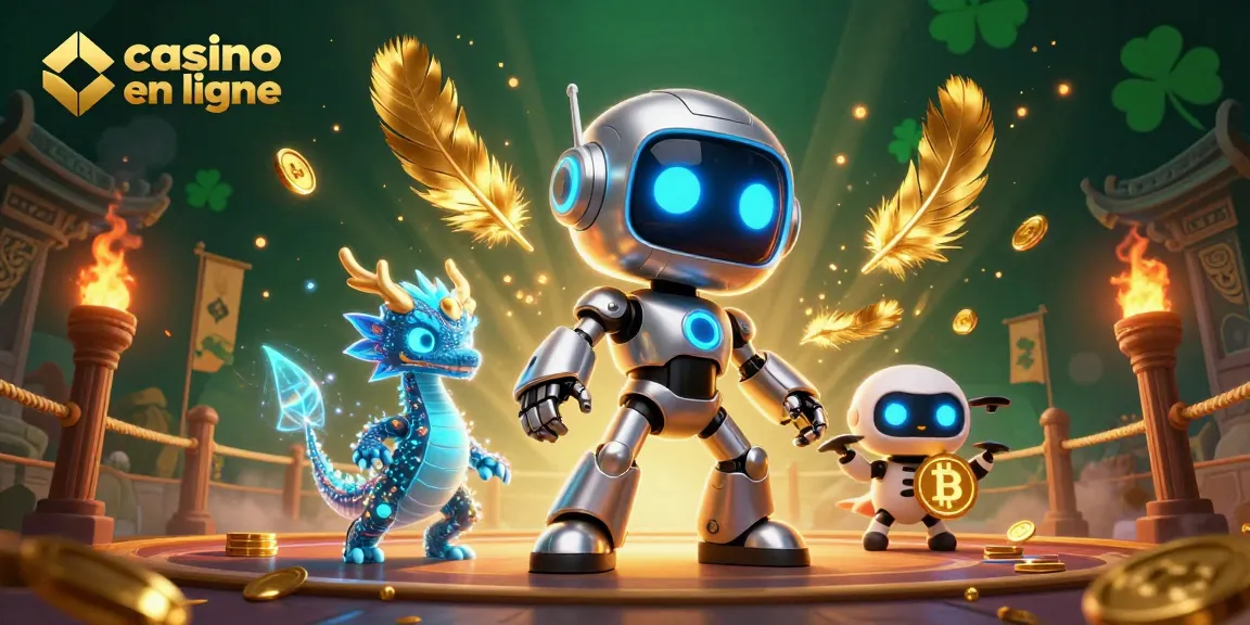 Jouez au casino en ligne avec un robot cyberpunk et un dragon holographique captivant.