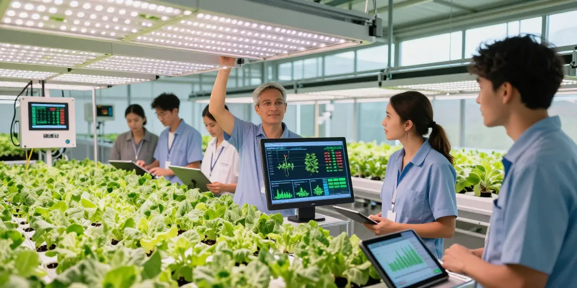 CIKA4D team analyzing plant growth data in a modern indoor agriculture facility.