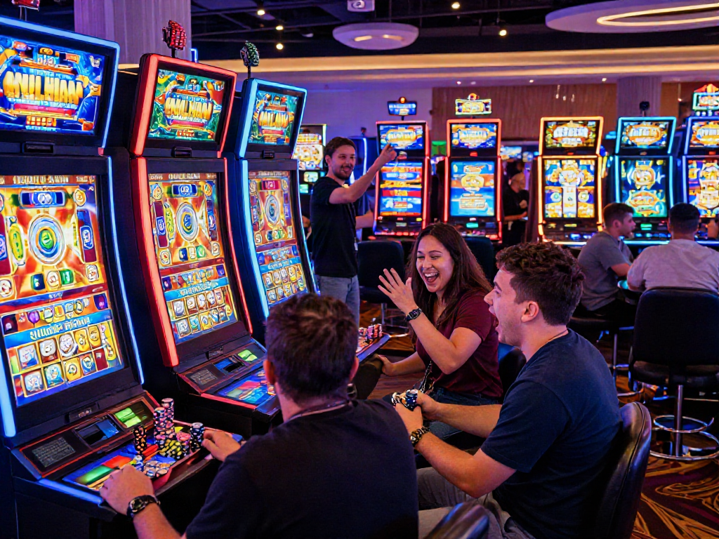 Excited players enjoying slot bonus games at a vibrant casino.