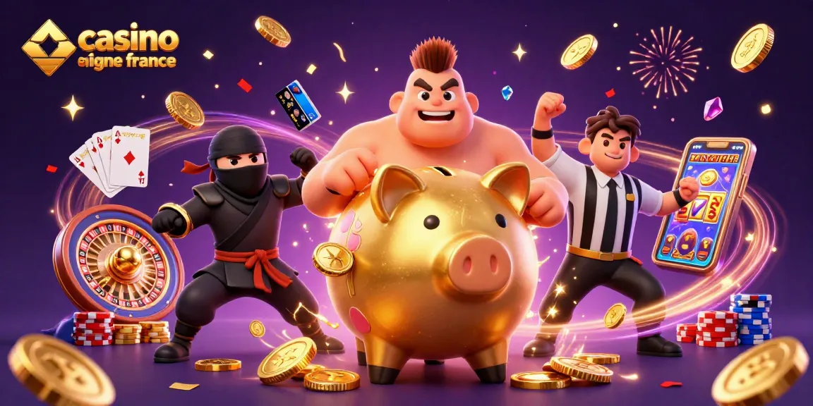 Illustration dynamique avec un sumo en cochon d'or et un ninja face à un casino en ligne France, entourés de pièces dorées.