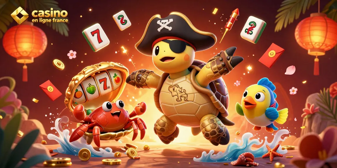 Visuel captivant d'un turtle pirate et ses amis jouant au casino en ligne France avec des éléments de jeux animés.