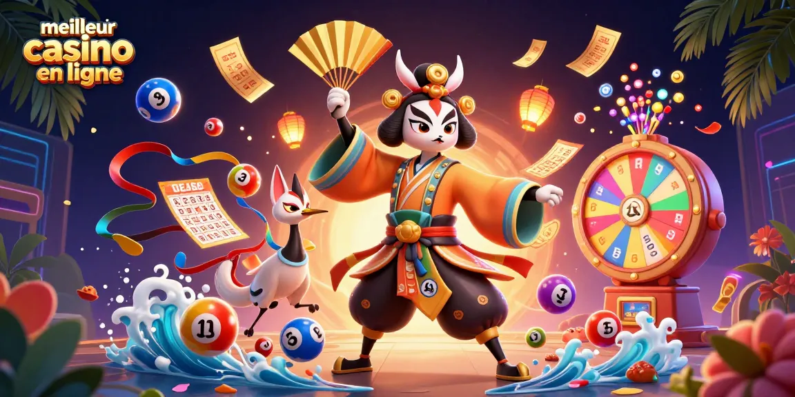 Rassemblez vos gains au meilleur casino en ligne avec une illustration captivante d'un guerrier kabuki et des éléments de loterie.